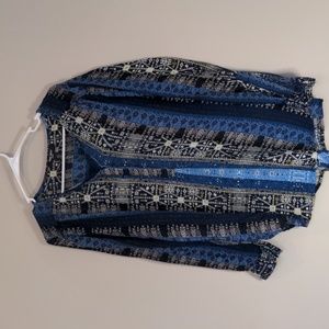 Nine West Womens Boho Lucy Tunic Top Blouse M Roll Tab Sleeve Half Button Blue